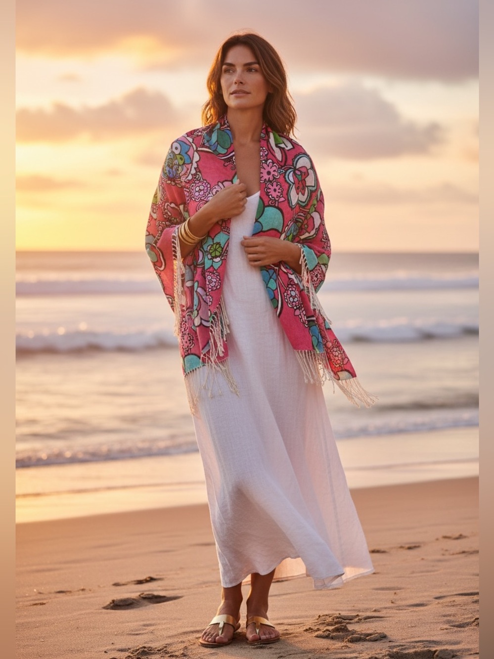 Lilly Pulitzer Silk Cashmere Wrap Shawl Pink Tropical Floral Fringe Scarf